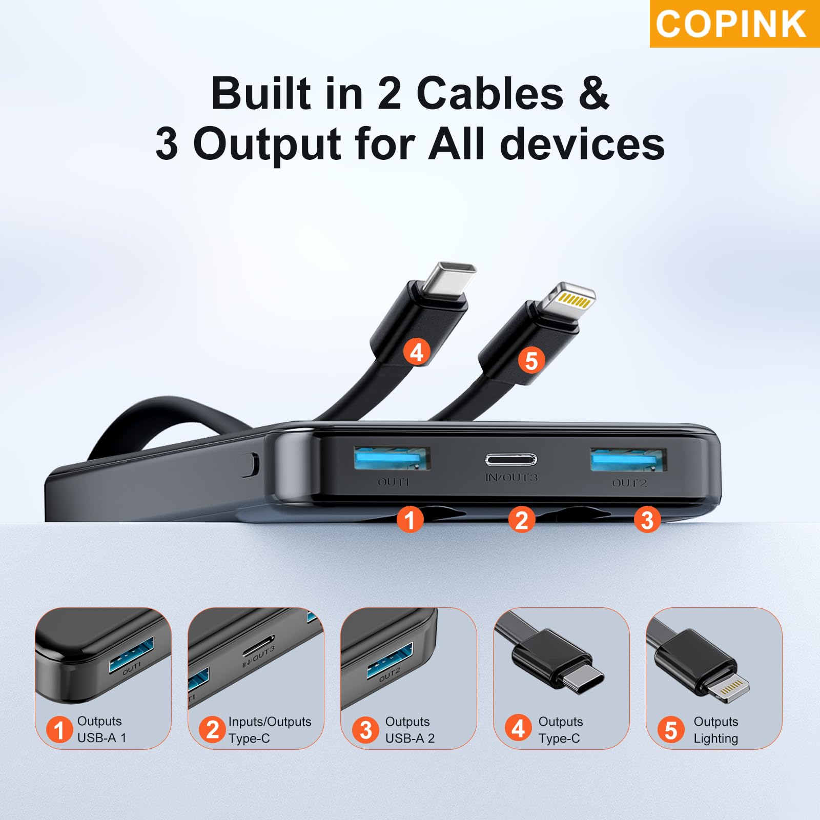 COPINK Power Bank with Built in Cables, 25000mAh Fast Charging Portable Charger,5 Output 2 Input LED Display Slim External Battery Pack for iPhone, Samsung, Android Phones, Tablets - Available at All In One Marketplace Canada