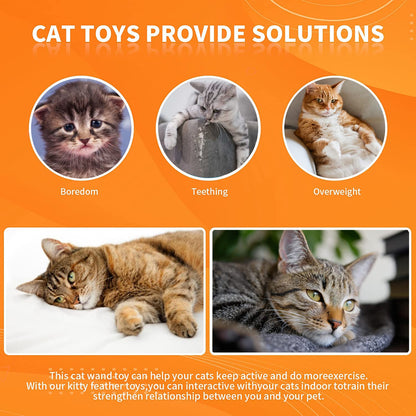 Cat Feather Toys, Cat Toys Wand, Interactive Cat Toy with Super Suction Cup, 2 PCS Cat Wand Toy and 6 PCS Feather Replacements with Bell, Interactive Cat Toy Kitten Toys for Indoor Play Chase Exercise (Natural)