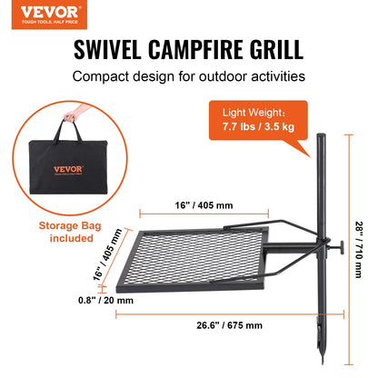 VEVOR Swivel Campfire Grill, Fire Pit Grill Grate, Heavy Duty Steel Grill Grates, 360° Adjustable Open Outdoor Cooking Equipment, Portable Camp Fire Racks for Camping Outdoor BBQ VEVOR