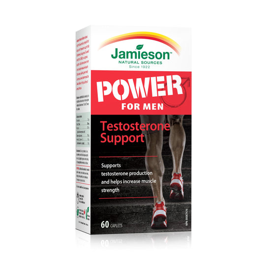 Jamieson Power for Men Vegetarian Caplets, with Fenugreek, Zinc, Magnesium Aspartate, Vitamin B6, and Beta-Alanine. Supports Testosterone Production, Muscle Strength, and Recovery, Gluten-Free, 60 Count, Proudly Canadian - Available at All In One Marketplace Canada