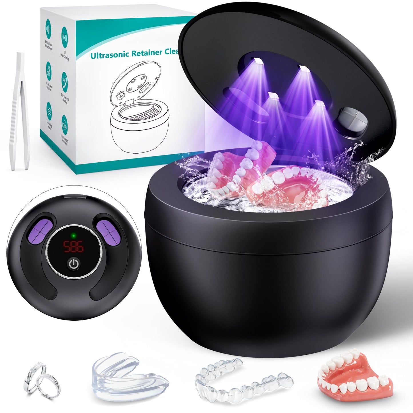 Upgraded Ultrasonic Retainer Cleaner Machine, 45kHz Ultrasonic Dentures Cleaner for Night Guards, Braces, Aligner, Toothbrush, Jewelry and More, 200ML Capacity, Black1 - Available at All In One Marketplace Canada