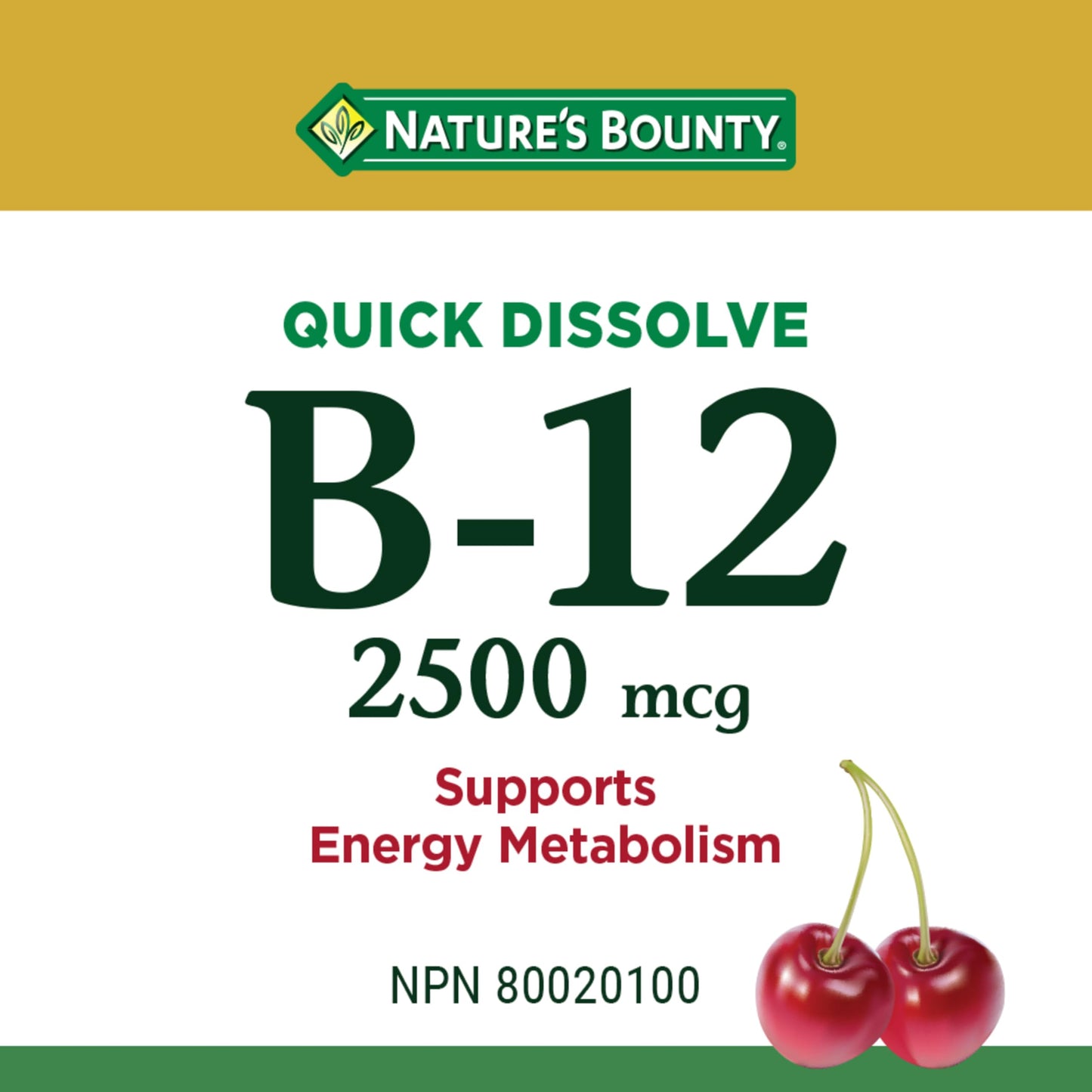 NATURE'S BOUNTY Vitamin B-12 Supplement, 2500 mcg, Quick Dissolve Tablets, Natural Cherry Flavour, Helps In Energy Metabolism, Essential In Normal Formation Of Blood Cells, 120 Tablets, 42 g - Available at All In One Marketplace Canada