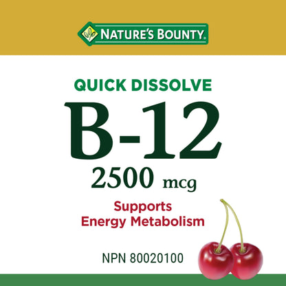 NATURE'S BOUNTY Vitamin B-12 Supplement, 2500 mcg, Quick Dissolve Tablets, Natural Cherry Flavour, Helps In Energy Metabolism, Essential In Normal Formation Of Blood Cells, 120 Tablets, 42 g - Available at All In One Marketplace Canada