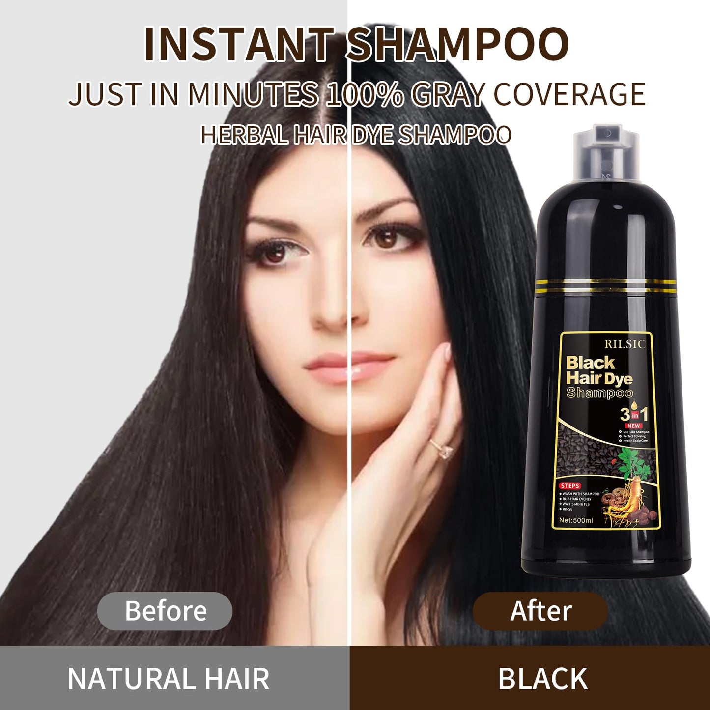 500ML Hair Color Shampoo for Women Men, Hair Dye Shampoo for Grey Hair Beard Coverage, Instant Colour Shampoo 3 in 1 - Long Lasting - Natural - Hair Coloring Hair in Minutes (Natural Black) - Available at All In One Marketplace Canada