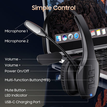 Bluetooth Headset with Microphone, Trucker Headset Bluetooth Wireless Noise Cancelling & Mute Button, 55 Hours Working Time Wireless On-Ear Headset