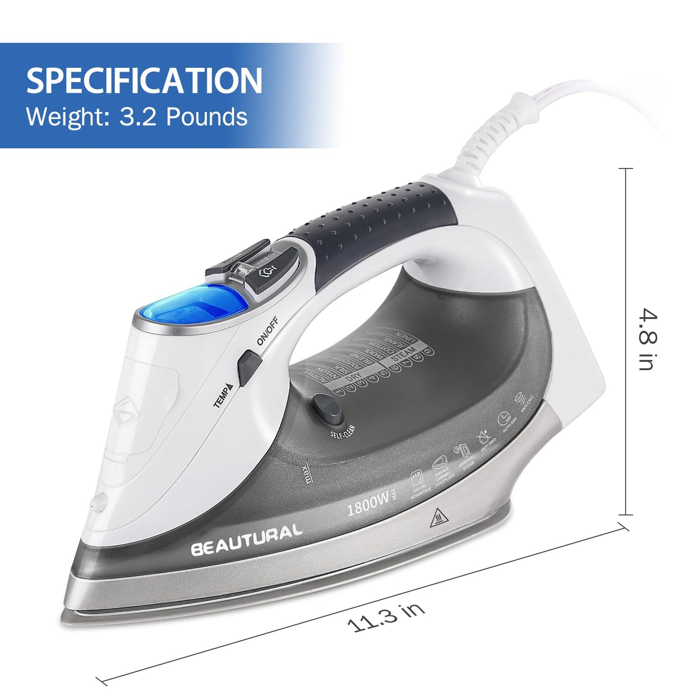 BEAUTURAL 1800-Watt Steam Iron with Digital LCD Screen, Double-Layer and Ceramic Coated Soleplate, 3-Way Auto-Off, 9 Preset Temperature and Steam Settings for Variable Fabric - Available at All In One Marketplace Canada