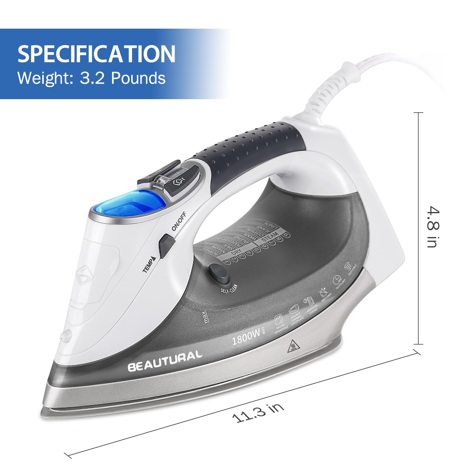 BEAUTURAL 1800-Watt Steam Iron with Digital LCD Screen, Double-Layer and Ceramic Coated Soleplate, 3-Way Auto-Off, 9 Preset Temperature and Steam Settings for Variable Fabric - Available at All In One Marketplace Canada