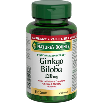 NATURE'S BOUNTY Gingko Biloba, 120 mg, Value Size, Helps to Enhance Cognitive Function, 180 Capsules, 78.5 g - Available at All In One Marketplace Canada