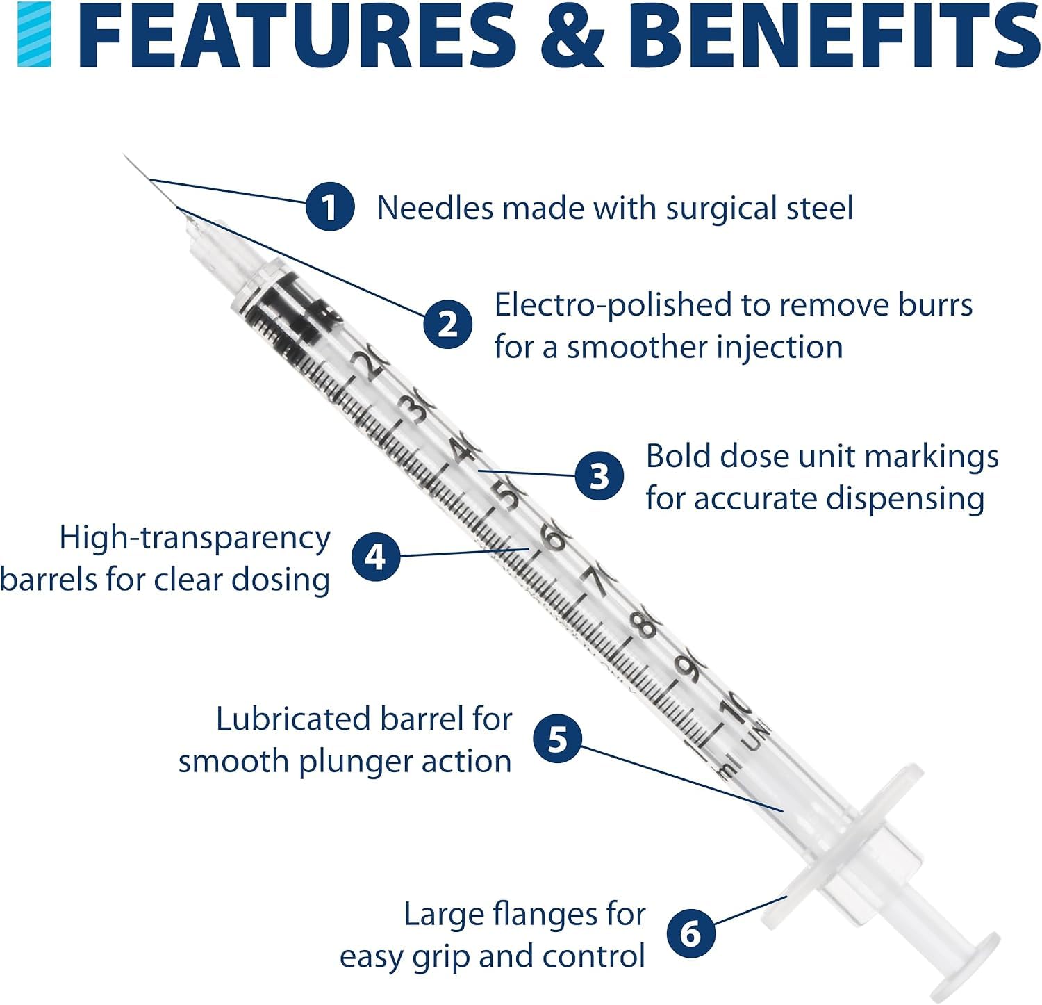 Easy Touch 30 Gauge U-100 Insulin Syringes (30G 0.5cc 1/2”) with 1/2” Long Needle, 0.5cc (50 Unit Capacity), Bold Markings for Accurate Dosing, Disposable, Box of 100