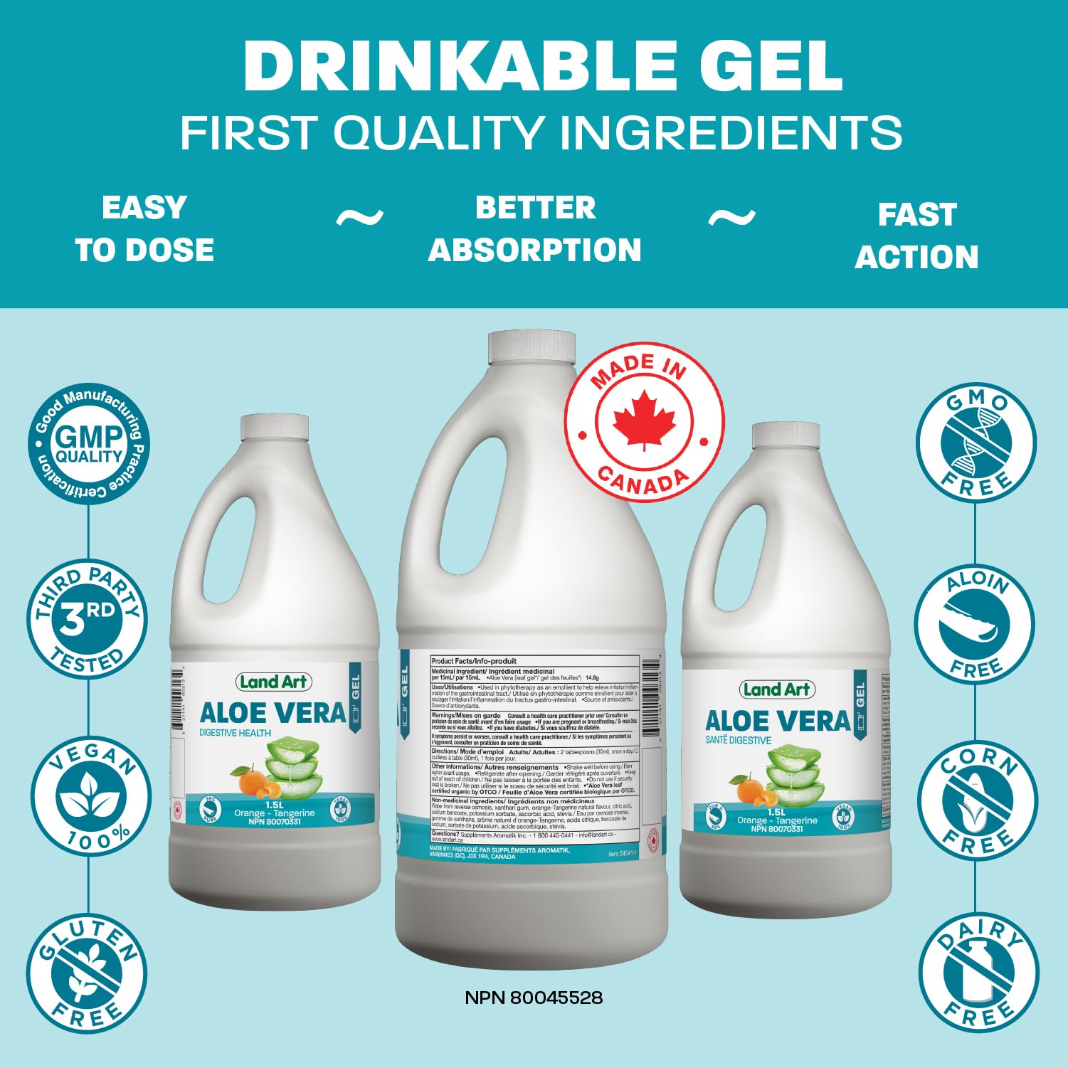 Aloe Vera Drinkable Gel, Orange, Heartburn & Acid Reflux, 1,5 L Land Art