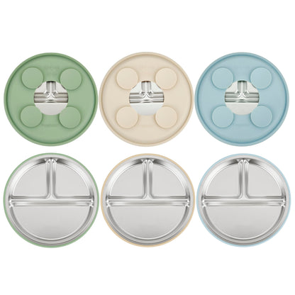 PandaEar 3 Pack Stainless Steel Baby Plates with Suction, Divided Toddler Plate for Baby Led Weaning Supplies, Non-Slip Suction Plates Baby Feeding Set, Dishwasher Safe (Blue/Green/Brown) - Available at All In One Marketplace Canada