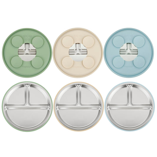 PandaEar 3 Pack Stainless Steel Baby Plates with Suction, Divided Toddler Plate for Baby Led Weaning Supplies, Non-Slip Suction Plates Baby Feeding Set, Dishwasher Safe (Blue/Green/Brown) - Available at All In One Marketplace Canada