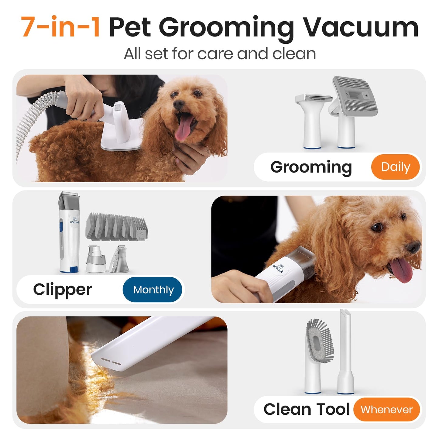 oneisall Dog Grooming Kit, Dog Grooming Clippers, Professional Pet Grooming Vacuum with 7 Pet Grooming Tools for Shedding Thick & Thin Dogs Cats Pet Hair - Available at All In One Marketplace Canada