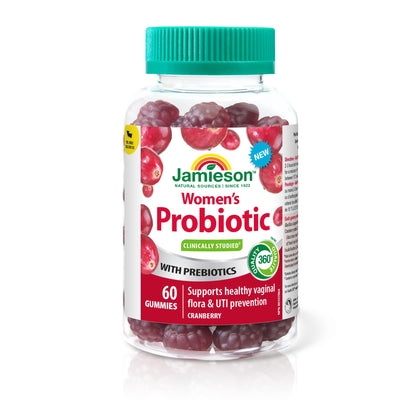 Jamieson Women's Probiotic Gummy with Cranberry and Prebiotics, 60 Gummies. Supports a Healthy Vaginal Flora and Digestive Health, Protects against UTIs. Cranberry Flavoured - Available at All In One Marketplace Canada