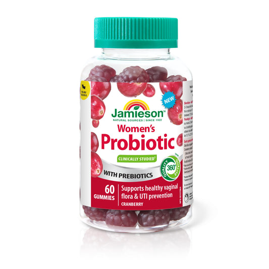 Jamieson Women's Probiotic Gummy with Cranberry and Prebiotics, 60 Gummies. Supports a Healthy Vaginal Flora and Digestive Health, Protects against UTIs. Cranberry Flavoured - Available at All In One Marketplace Canada