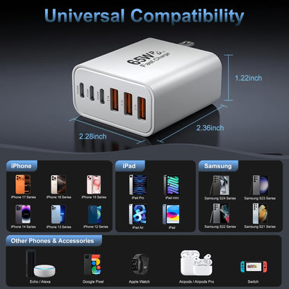 USB C Charger Block,65W 6-Port Multi Device Fast Charger PD QC Wall Adapter - Available at All In One Marketplace Canada