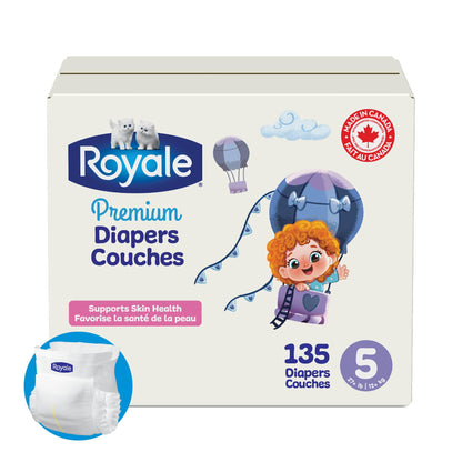 Royale Premium Diapers, Size 5 (27+ lb), 135 Count, Disposable Baby Diapers (Packaging may vary)