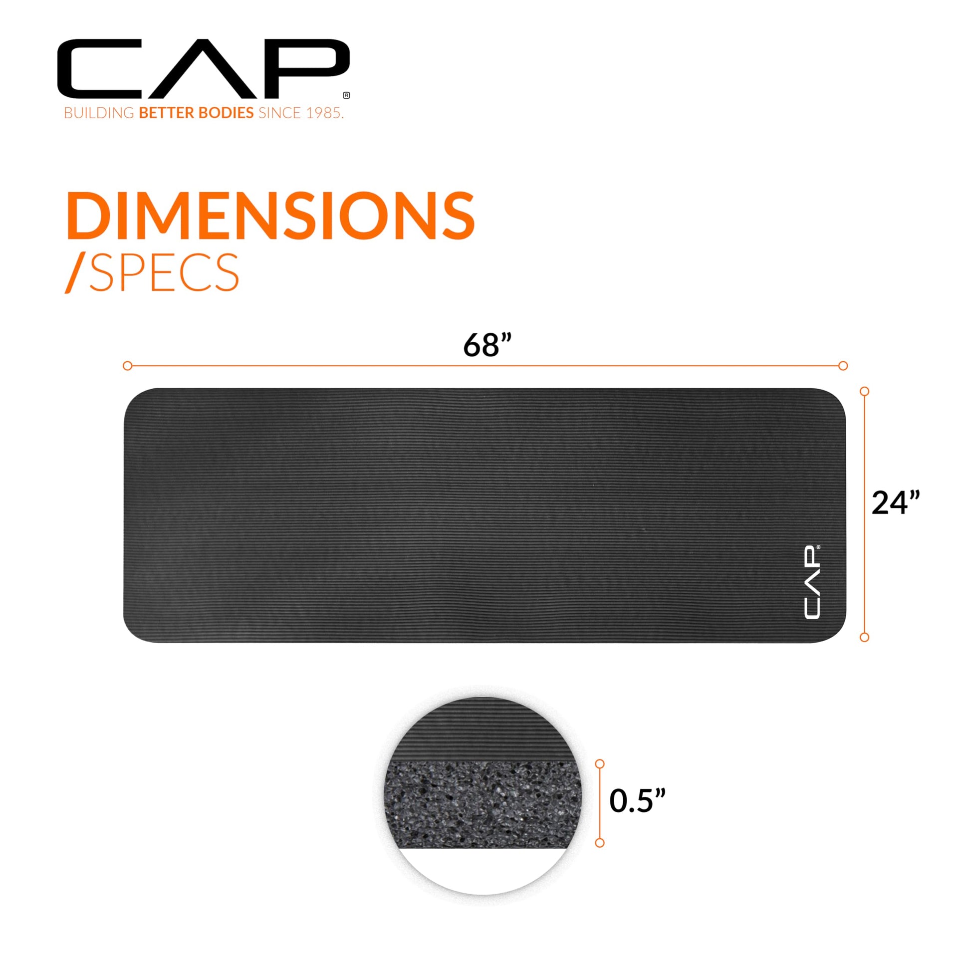 CAP Barbell Yoga Mat 1/2" Thick with Carrying Strap - High Density Exercise Mat for Yoga, Pilates, Stretching, Floor & Fitness Workouts - 68''x24''x1/2" | Black