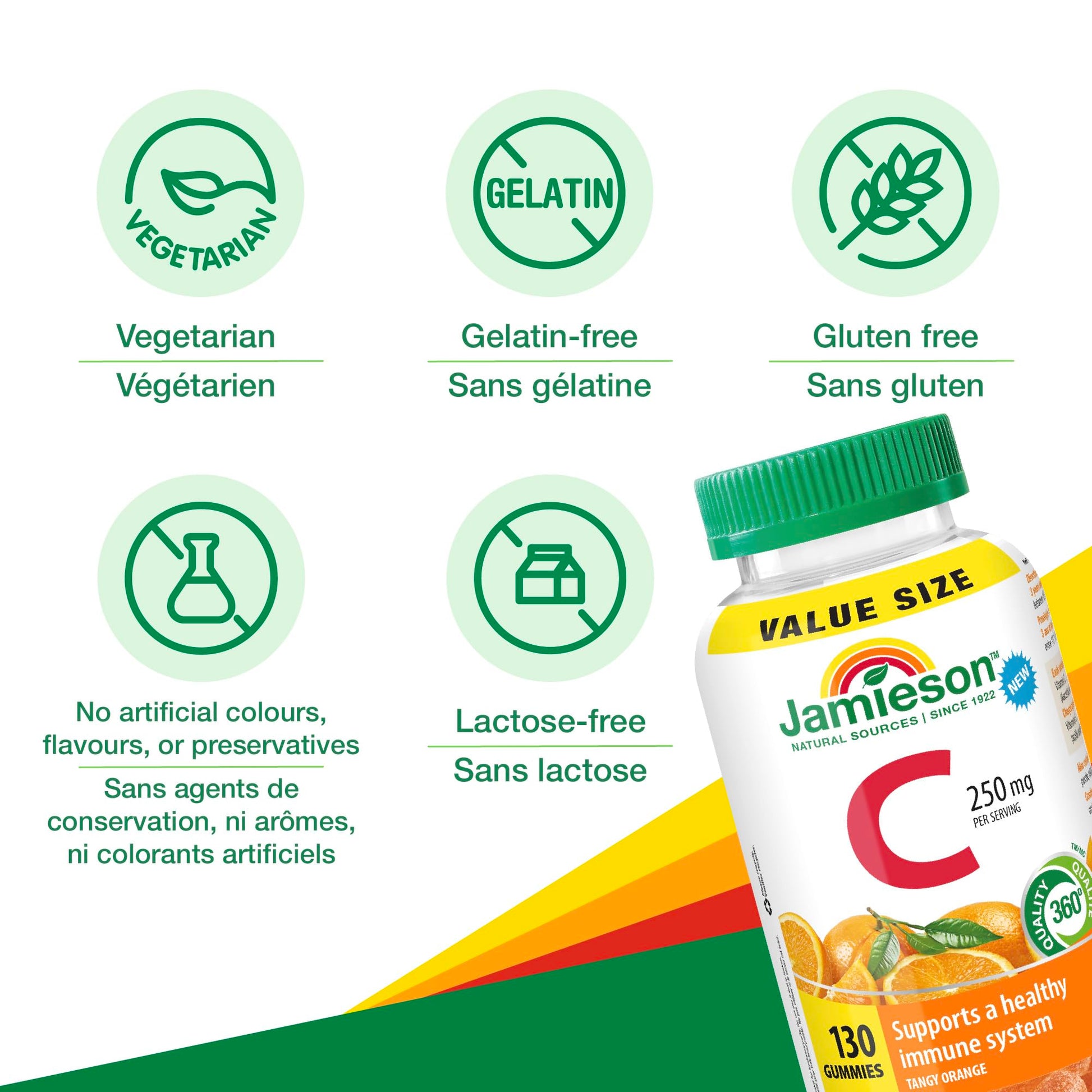 Jamieson Vitamin C 250 mg Gummies, 130 Gummies, Natural Tangy Orange Flavour, Supports Immune Health, Family Friendly (3+), Vegetarian, Non-GMO, No Artificial Flavours, Colours or Preservatives