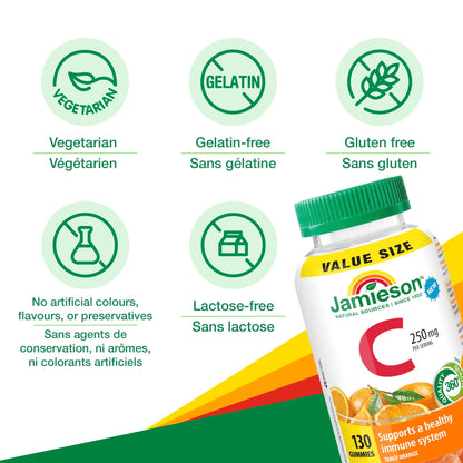 Jamieson Vitamin C 250 mg Gummies, 130 Gummies, Natural Tangy Orange Flavour, Supports Immune Health, Family Friendly (3+), Vegetarian, Non-GMO, No Artificial Flavours, Colours or Preservatives