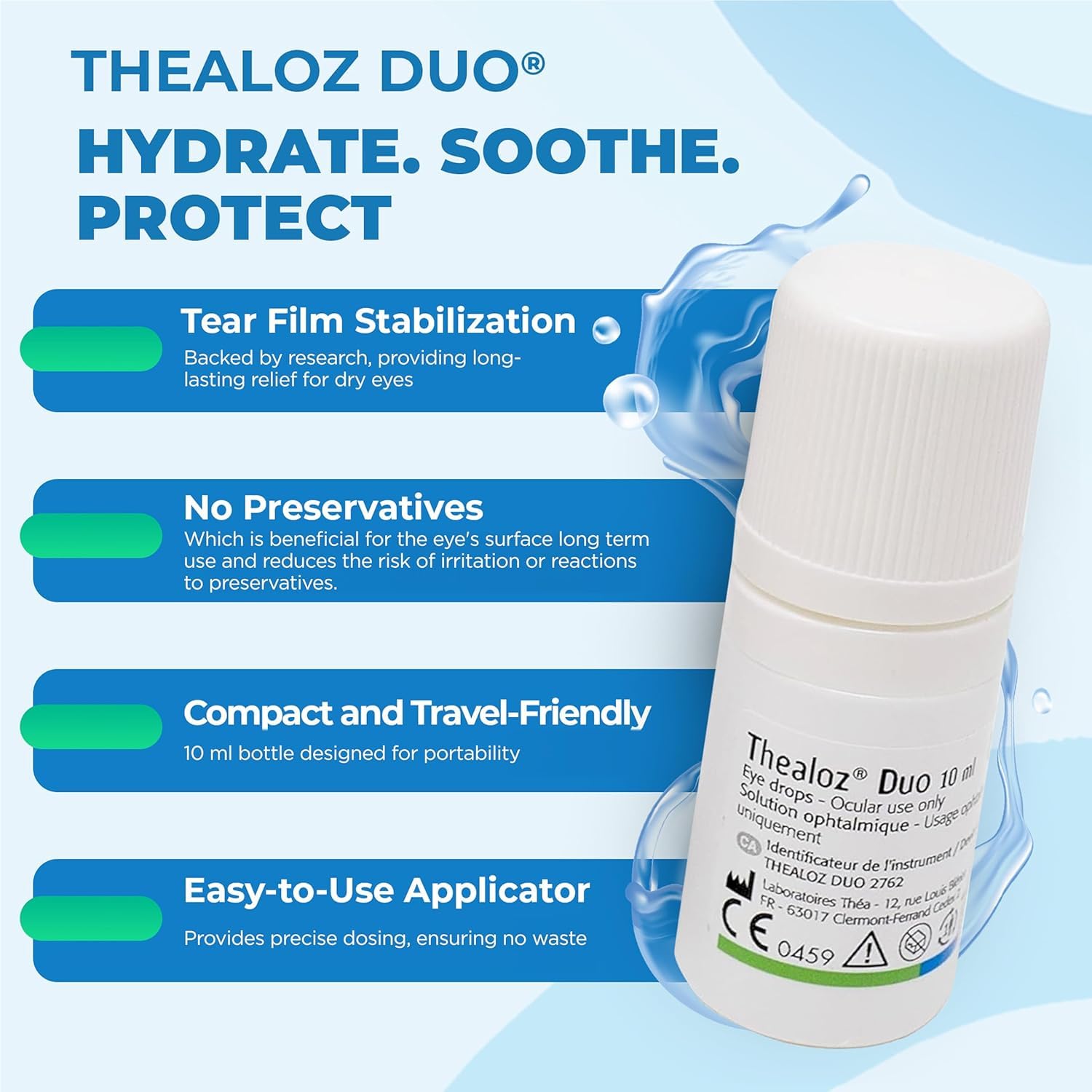 Thea Pharma Thealoz Duo Eye Drops, Clinically Proven for Dry Eyes, Hydration with Hyaluronic Acid & Trehalose, Tear Film Stabilization, Contact Lens Compatible - 10 ml (300 Drops)
