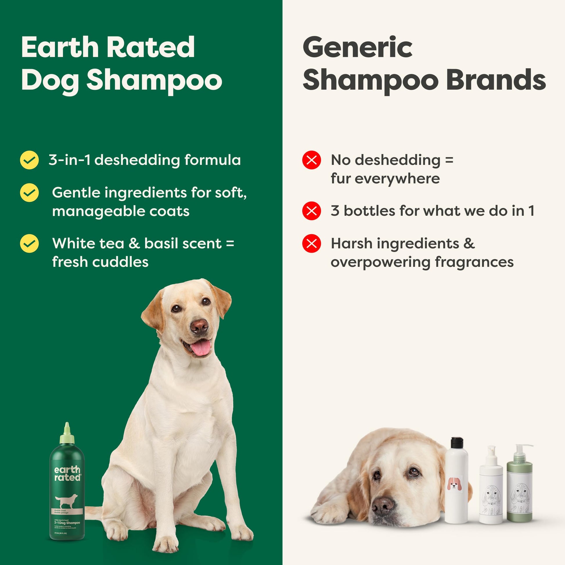 Earth Rated (A Canadian Company), 3-in-1 Deshedding Dog Shampoo and Conditioner, Deodorizing Oatmeal Shampoos for Dogs and Puppies, Great for Smelly Pets, White Tea and Basil Scent, 473 ml