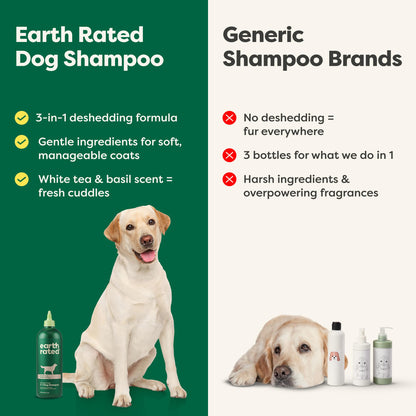Earth Rated (A Canadian Company), 3-in-1 Deshedding Dog Shampoo and Conditioner, Deodorizing Oatmeal Shampoos for Dogs and Puppies, Great for Smelly Pets, White Tea and Basil Scent, 473 ml