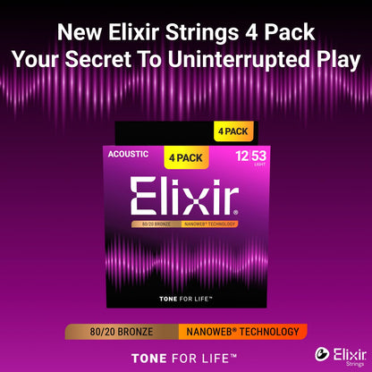 Elixir Strings, Acoustic Guitar Strings, 80/20 Bronze with NANOWEB Technology, Longest-Lasting Bright and Focused Tone with Comfortable Feel, 4 Pack, Light 12-53 🍁 All In One Marketplace Canada