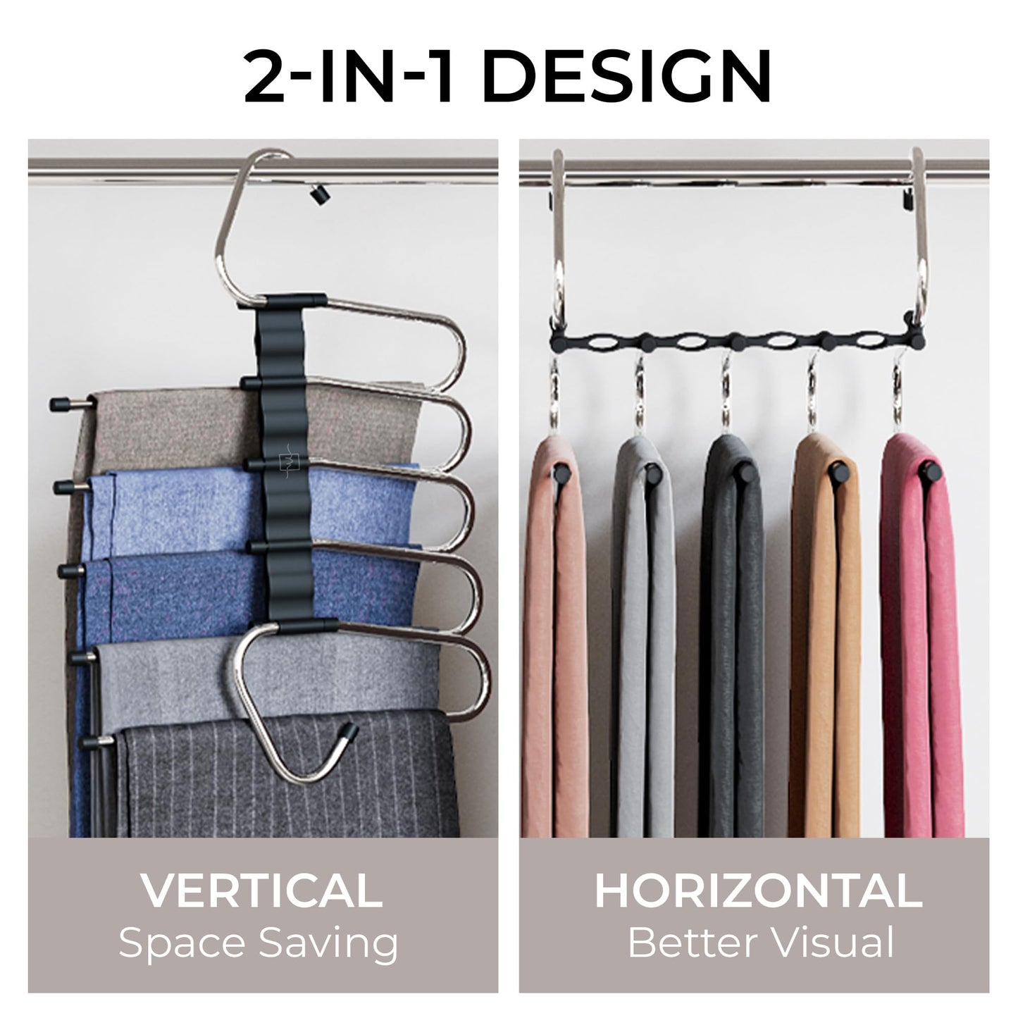 MORALVE Pants Hangers Space Saving - 2 Pack - Non-Slip Multi-Layer Space Saving Hangers - Multifunctional Clothing Rack for Closet Storage - Ideal for Jeans, Trousers, Skirts, Scarves & Slacks (Black) - Available at All In One Marketplace Canada