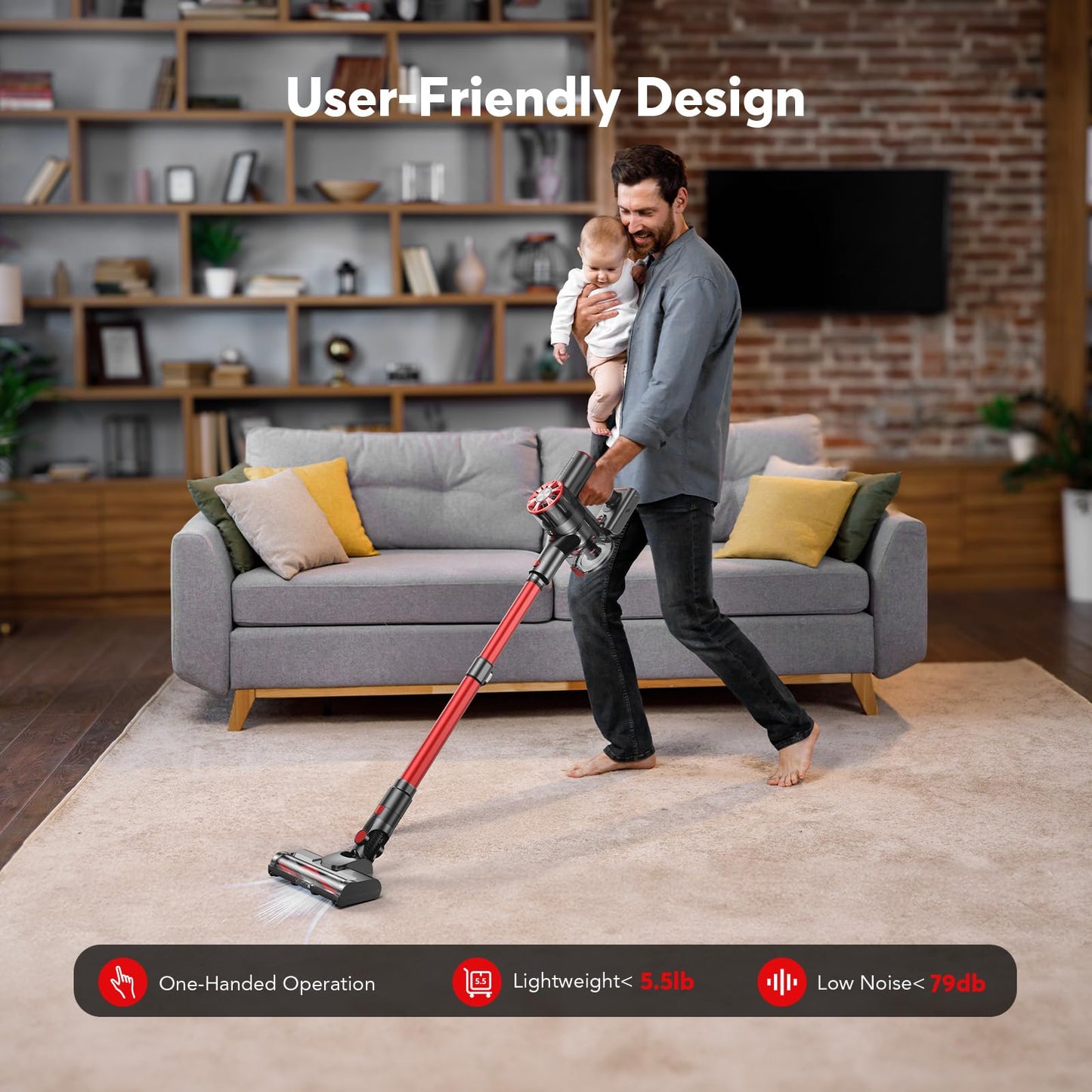 Cordless Vacuum Cleaner, 80,000PRM Stick Vacuum with 2 Powerful Suction Modes, Max 40 Mins Runtime, Protable 2600mAh Rechargeable Battery Vacuum Cleaner for Home (Pale Red) - Available at All In One Marketplace Canada