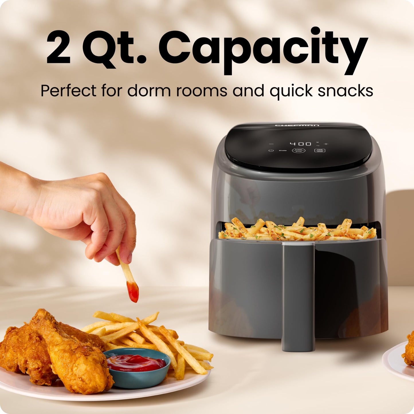 Chefman 2 Qt Mini Air Fryer – Compact and Space-Saving Air Fryer, PFAS-Free Nonstick Basket, Quick & Easy Meals in Minutes, Perfect for Apartments and Dorms, Digital Timer and Shake Reminders – Grey - Available at All In One Marketplace Canada