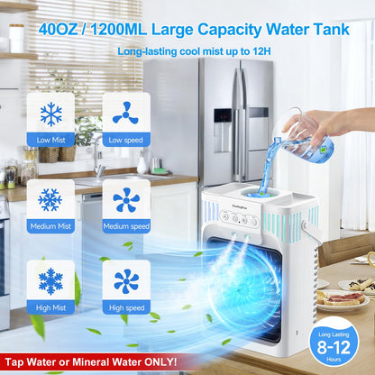 Portable Air Conditioners, 4 in 1 1200ML Personal Air Conditioner, Evaporative Air Cooler Fan with Remote, 7 RGB Light Modes, 3 Speeds & 2-8H Timer for Bedroom,Car,Nightstand, Office, Dorm, RV - Available at All In One Marketplace Canada