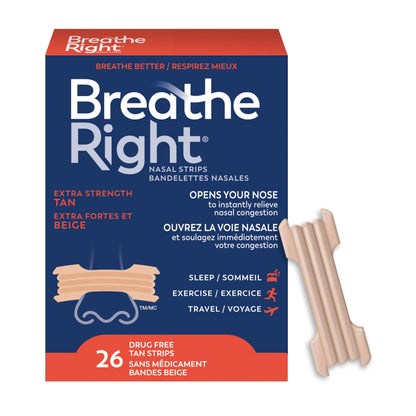 Breathe Right Nasal Strips, Extra Strength, Tan, Drug-Free Snoring Solution & Nasal Congestion Relief Caused by Colds & Allergies, Nightly Sleep, 26 Count - Available at All In One Marketplace Canada