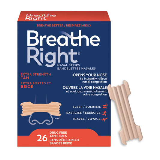 Breathe Right Nasal Strips, Extra Strength, Tan, Drug-Free Snoring Solution & Nasal Congestion Relief Caused by Colds & Allergies, Nightly Sleep, 26 Count - Available at All In One Marketplace Canada