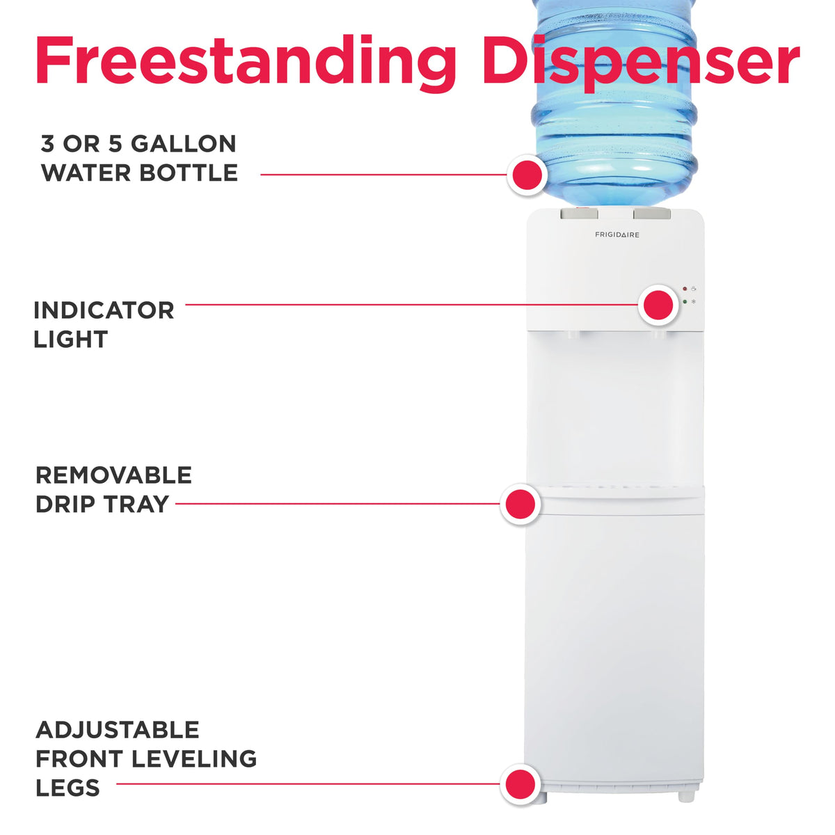 Frigidaire EFWC498, Top Load Hot & Cold Water Cooler Dispenser for Home, Garage, Dorm, RV & Cottage, 3 and 5 Gallon Bottles, 11" D x 11.5" W x 36" H, White