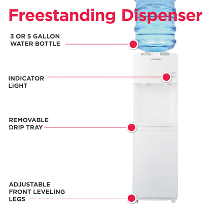 Frigidaire EFWC498, Top Load Hot & Cold Water Cooler Dispenser for Home, Garage, Dorm, RV & Cottage, 3 and 5 Gallon Bottles, 11" D x 11.5" W x 36" H, White