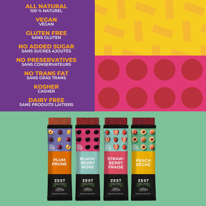 Zest Delites Fruit Leather Variety Pack - 36 Individual Servings (25g each) | Strawberry, Blackberry, Peach & Plum | Gluten-Free Vegan Dried Fruit Snacks