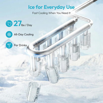 EUHOMY Countertop Ice Maker Machine with Handle, 26lbs Per Day, 9 Ice Cubes Ready in 6 Mins, Auto-Cleaning Portable Ice Maker with Basket and Scoop, for Home/Kitchen/Camping/RV (Silver)