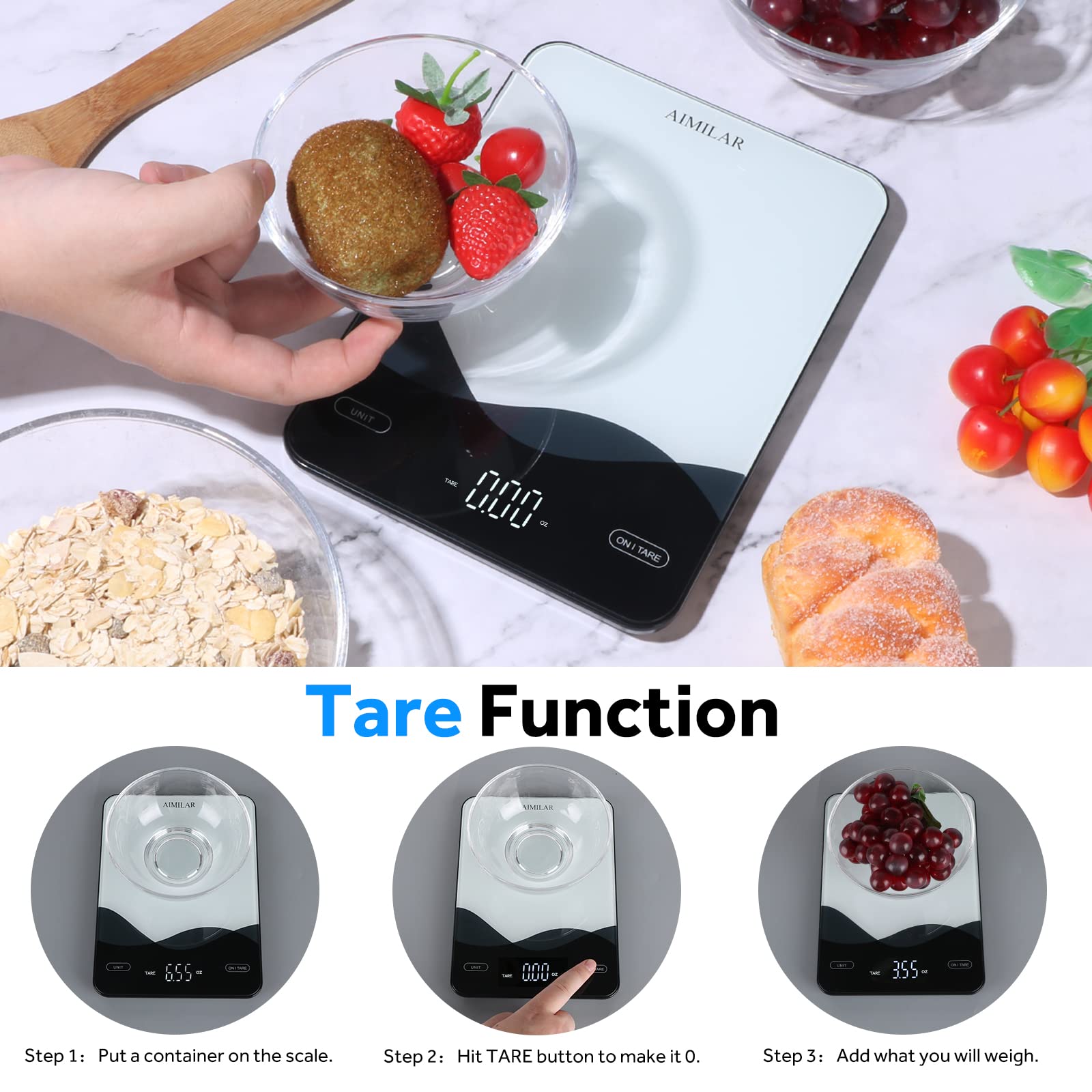 AIMILAR Digital Kitchen Scale 22lb/10kg USB-C Rechargeable, Tempered Glass Top Easy Clean, LED Touch Screen No Buttons, Auto Shut Off - Available at All In One Marketplace Canada