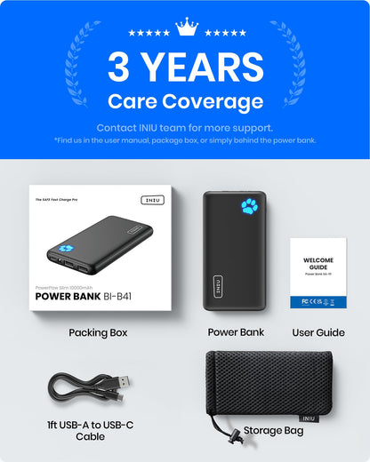INIU Power Bank, Slimmest 10000mAh Portable Charger, Triple 3A High-Speed Charge External Battery Pack with Flashlight, USB C Phone Charger for iPhone 17 16 15 14 13 Samsung S22 Google LG iPad etc - Available at All In One Marketplace Canada
