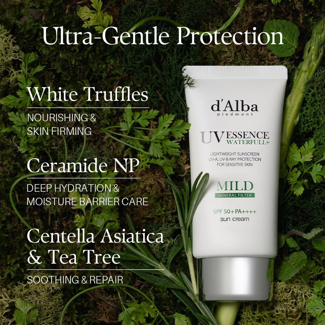 d'alba Piedmont Italian White Truffle Waterfull Mild Sunscreen, Vegan, Mineral Sunscreen, SPF 51+ PA++++, Non-Nano Sunscreen Suitable for all Sensitive Skin, Gentle & Light Finish, Korean Skincare (50ml)