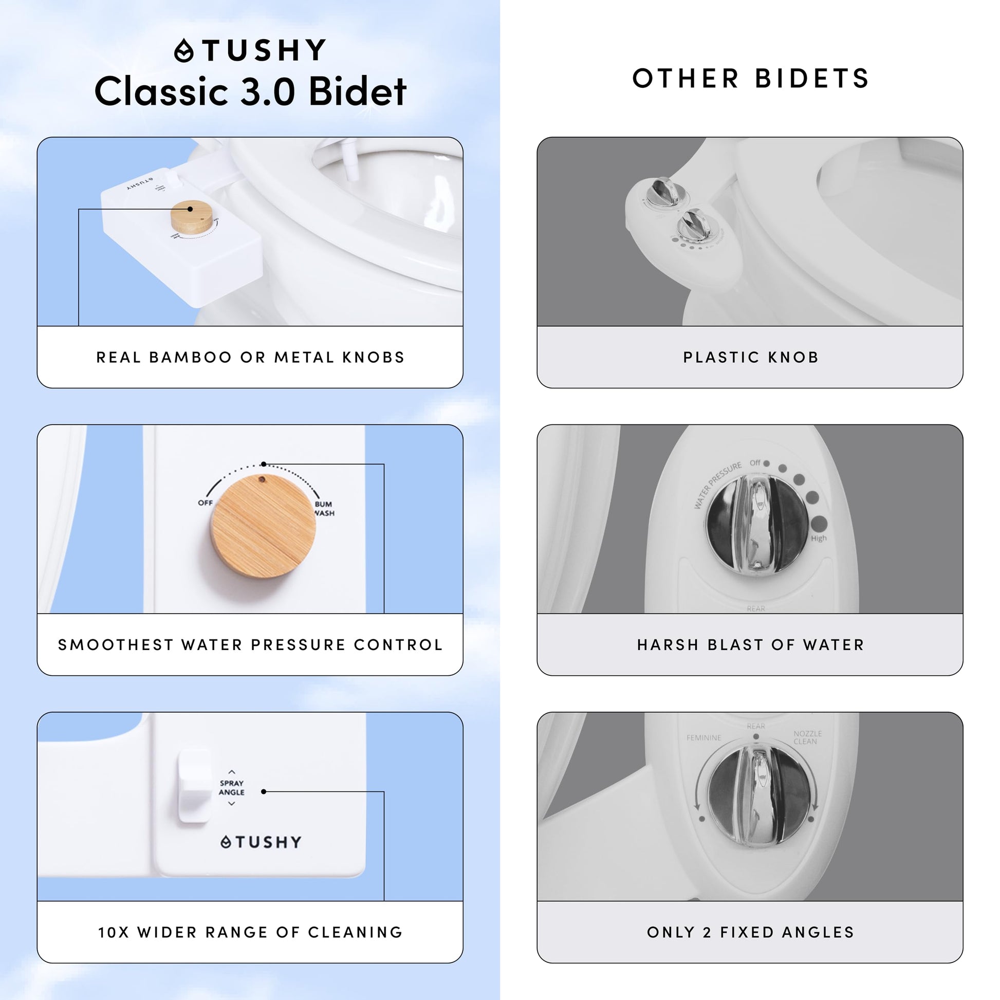 TUSHY Classic 3.0 Non-Electric Bidet Toilet Attachment, Experience a Superior Fresh Water Clean (Slim Fit, Easily Installs Under Toilet Seat, Adjustable Spray, Self Cleaning Nozzle), Bamboo Knob