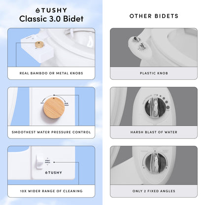 TUSHY Classic 3.0 Non-Electric Bidet Toilet Attachment, Experience a Superior Fresh Water Clean (Slim Fit, Easily Installs Under Toilet Seat, Adjustable Spray, Self Cleaning Nozzle), Bamboo Knob