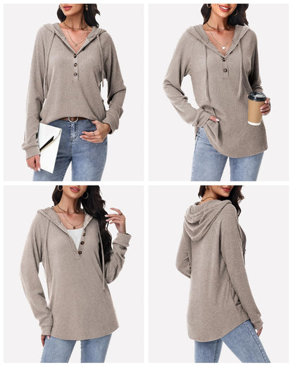 RIROW Womens Tops Long Sleeve Shirt Fuzzy Hoodies Sweater, Mixed Khaki, L 🍁 All In One Marketplace Canada