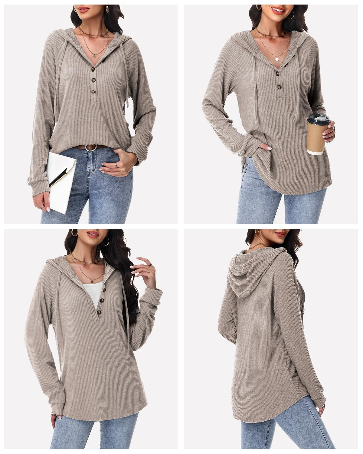 RIROW Womens Tops Long Sleeve Shirt Fuzzy Hoodies Sweater, Mixed Khaki, XL 🍁 All In One Marketplace Canada