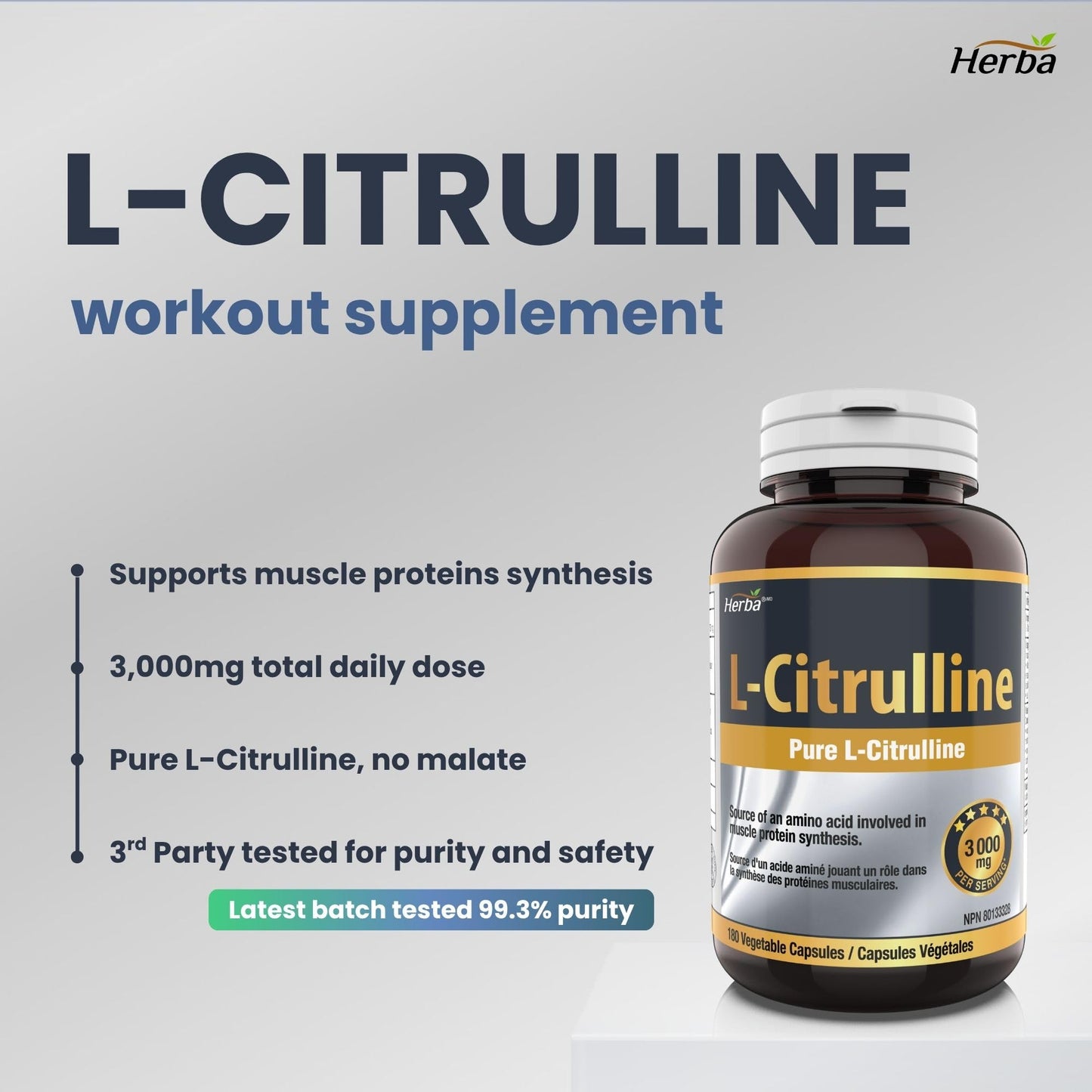 Herba L-Citrulline Capsules 750mg – 180 Capsules | 3,000mg Per Serving | Ultra Pure >98% | L Citrulline Nitric Oxide Supplement | Made & 3rd Party Tested in Canada - Available at All In One Marketplace Canada