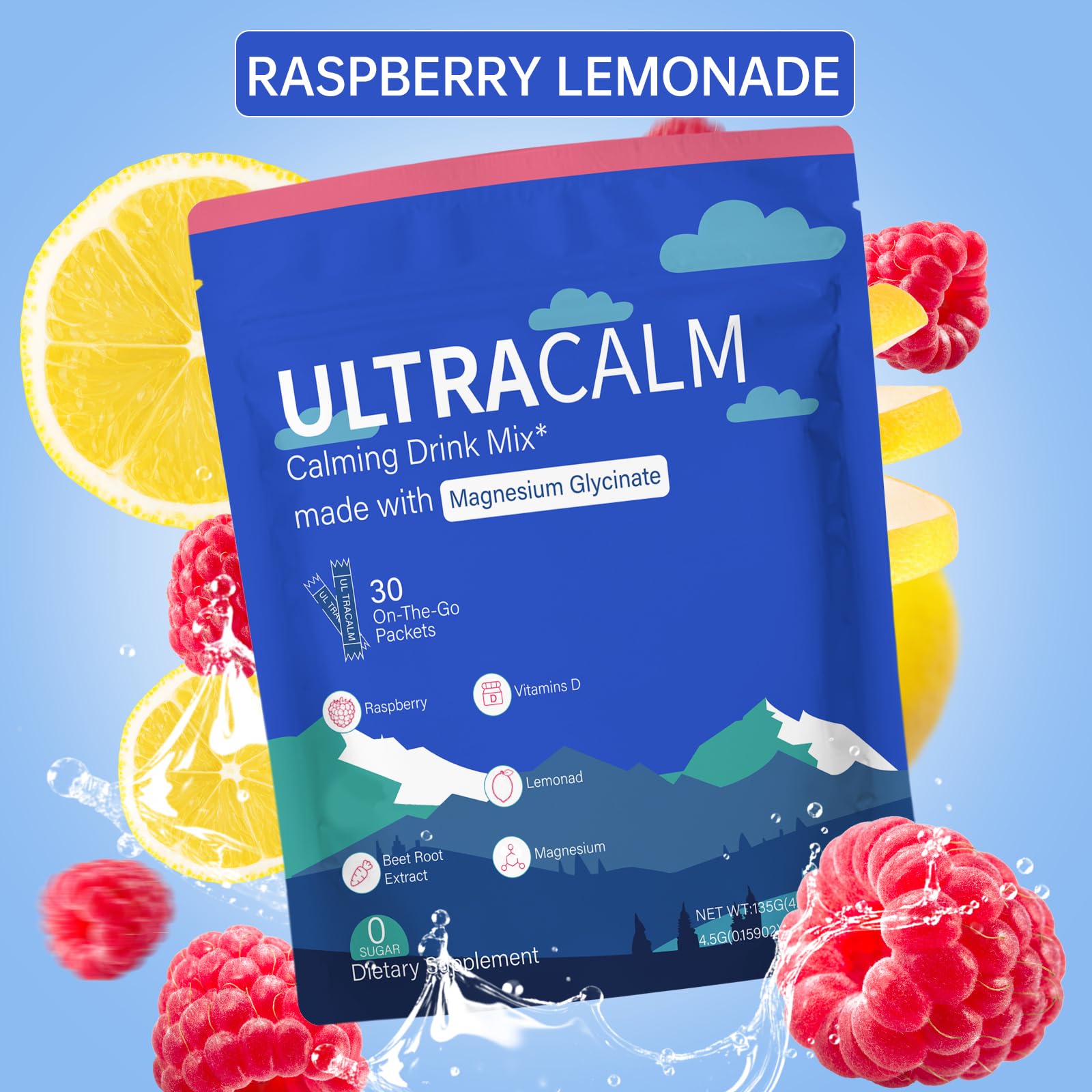 GMOOKEY UltraCalm Super Drink Packets, Raspberry Lemonade Flavor, Sugar‑Free Stress Relief & Focus Support with Magnesium, Non‑GMO, Vegetarian (30 Servings) - Available at All In One Marketplace Canada