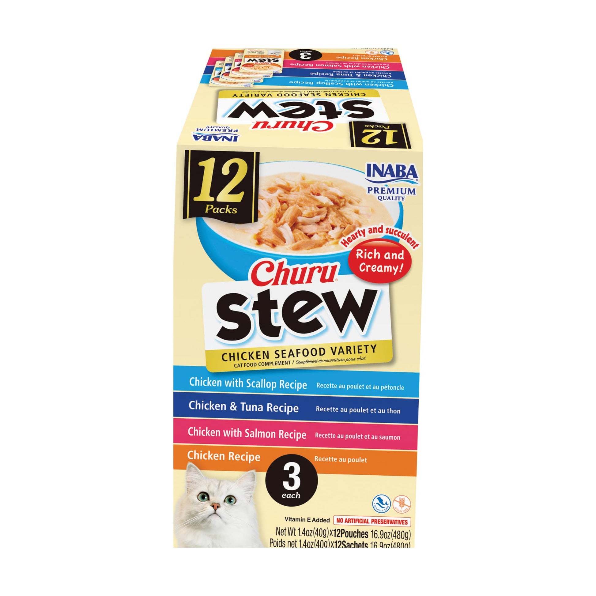 INABA Churu Stew for Cats, Side Dish Pouch with Vitamin E, 39 Grams per Pouch, 12 Pouches, Chicken & Seafood Variety INABA
