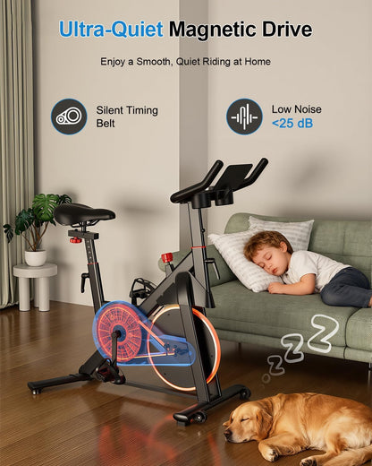 Exercise Bike, 32 Levels Magnetic Indoor Cycling Bike, 300lbs Capacity Stationary Bike with PitPat App & Comfort Seat Cushion