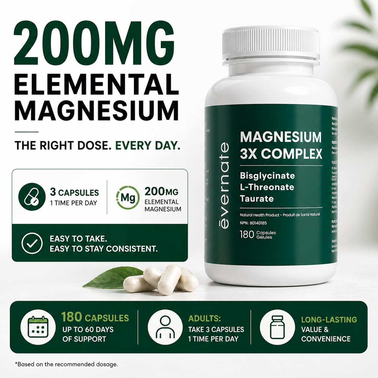ALL-IN-ONE Magnesium Complex – Magnesium Glycinate (Bisglycinate) Chelated, L-Threonate & Taurate (200mg Elemental per Daily Dose) – Sleep, Stress, Muscle & Heart Support – High Absorption Magnesium Supplement – 180 Vegan Capsules – Made in Canada - Available at All In One Marketplace Canada